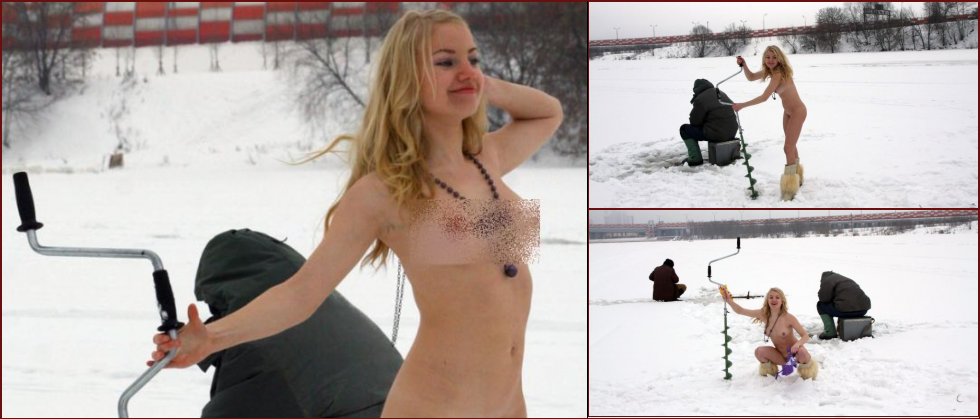 Naked blonde on a winter fishing - 15
