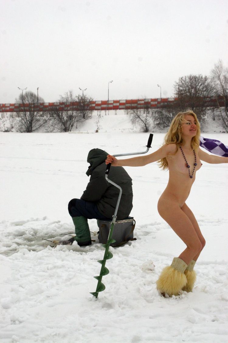 Naked blonde on a winter fishing - 07