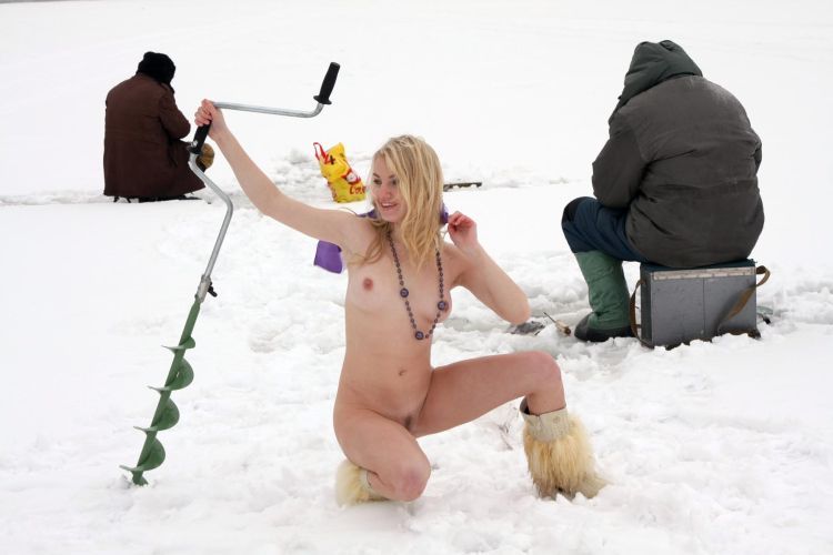 Naked blonde on a winter fishing - 10