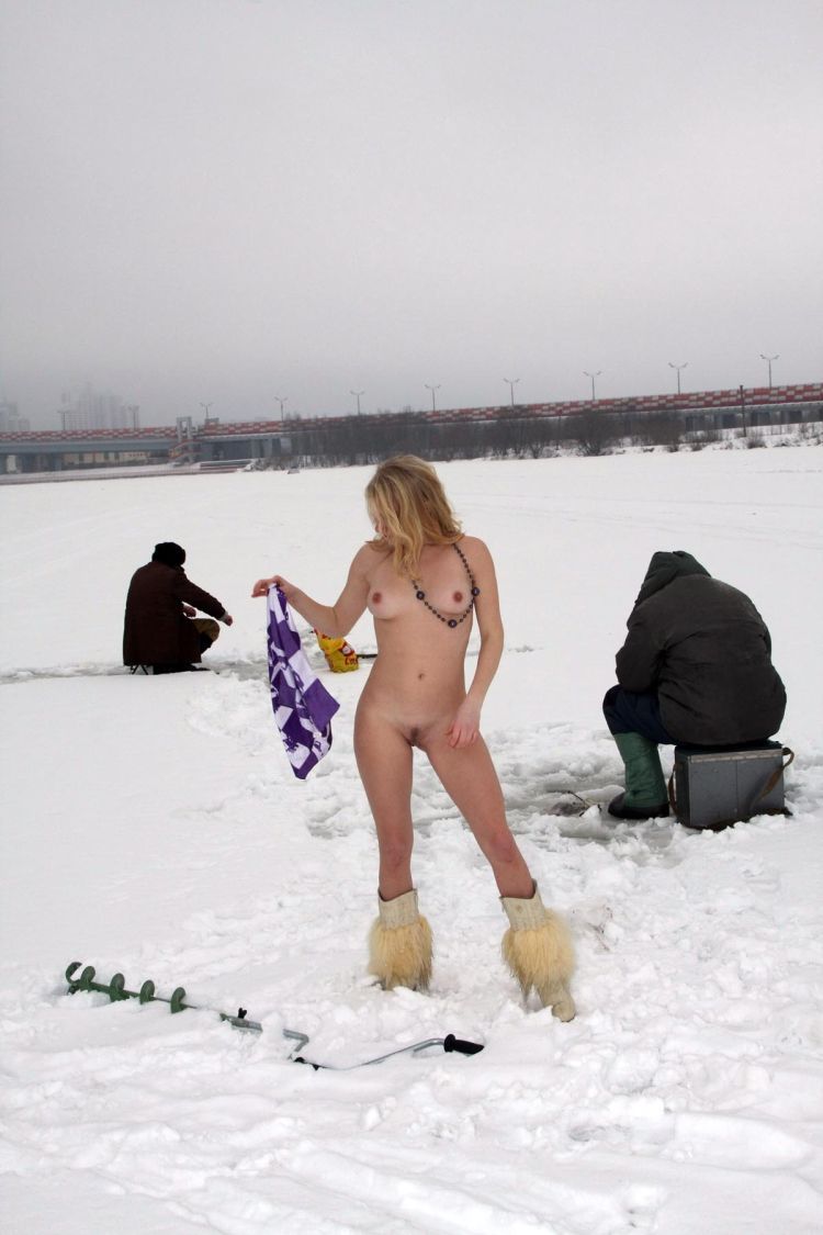 Naked blonde on a winter fishing - 17