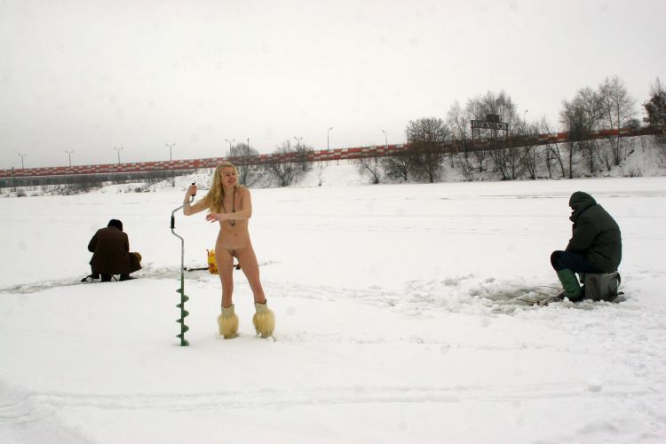 Naked blonde on a winter fishing - 22