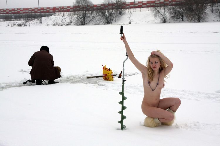 Naked blonde on a winter fishing - 23